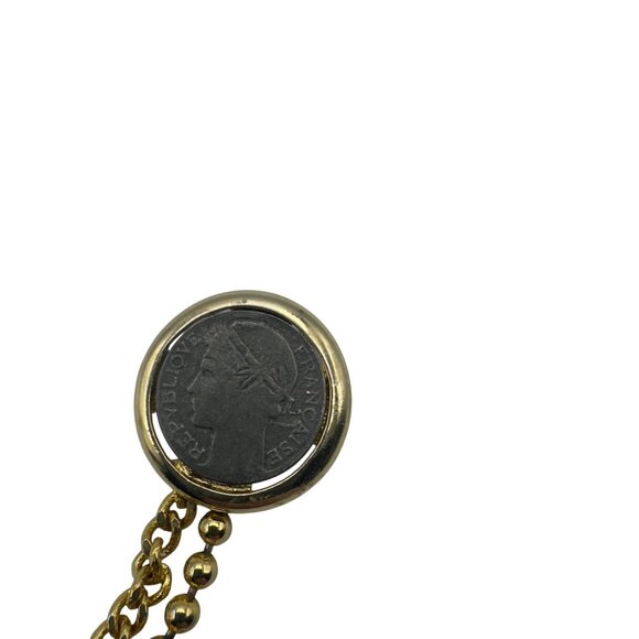 Gold Tone Chain Double Coin Design Sweater Clip Cloak Clasp Retro Accessory - Picture 3 of 6